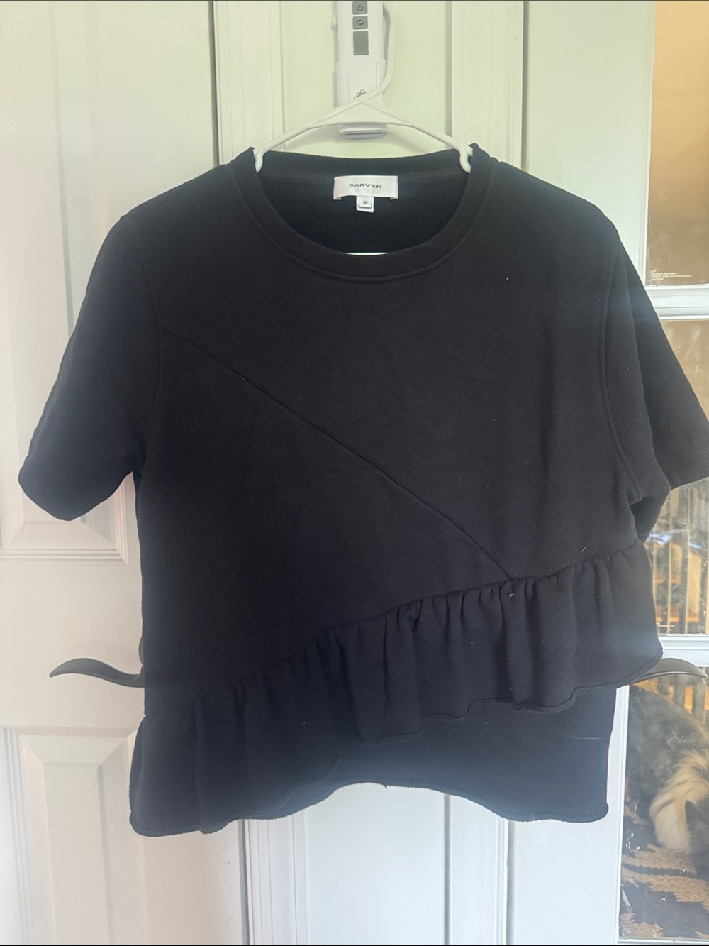 Carven Black Short-Sleeve Ruffle-Trim Crewneck Top